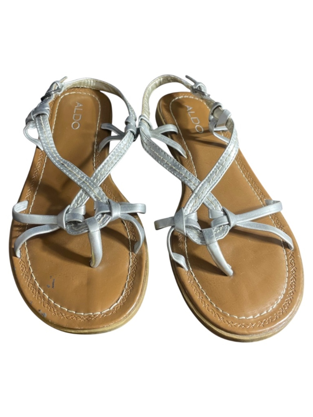 Aldo Silver Leather Sandals 7.5 EU 38 Strappy Thong Flat Shoes Metallic Twisted